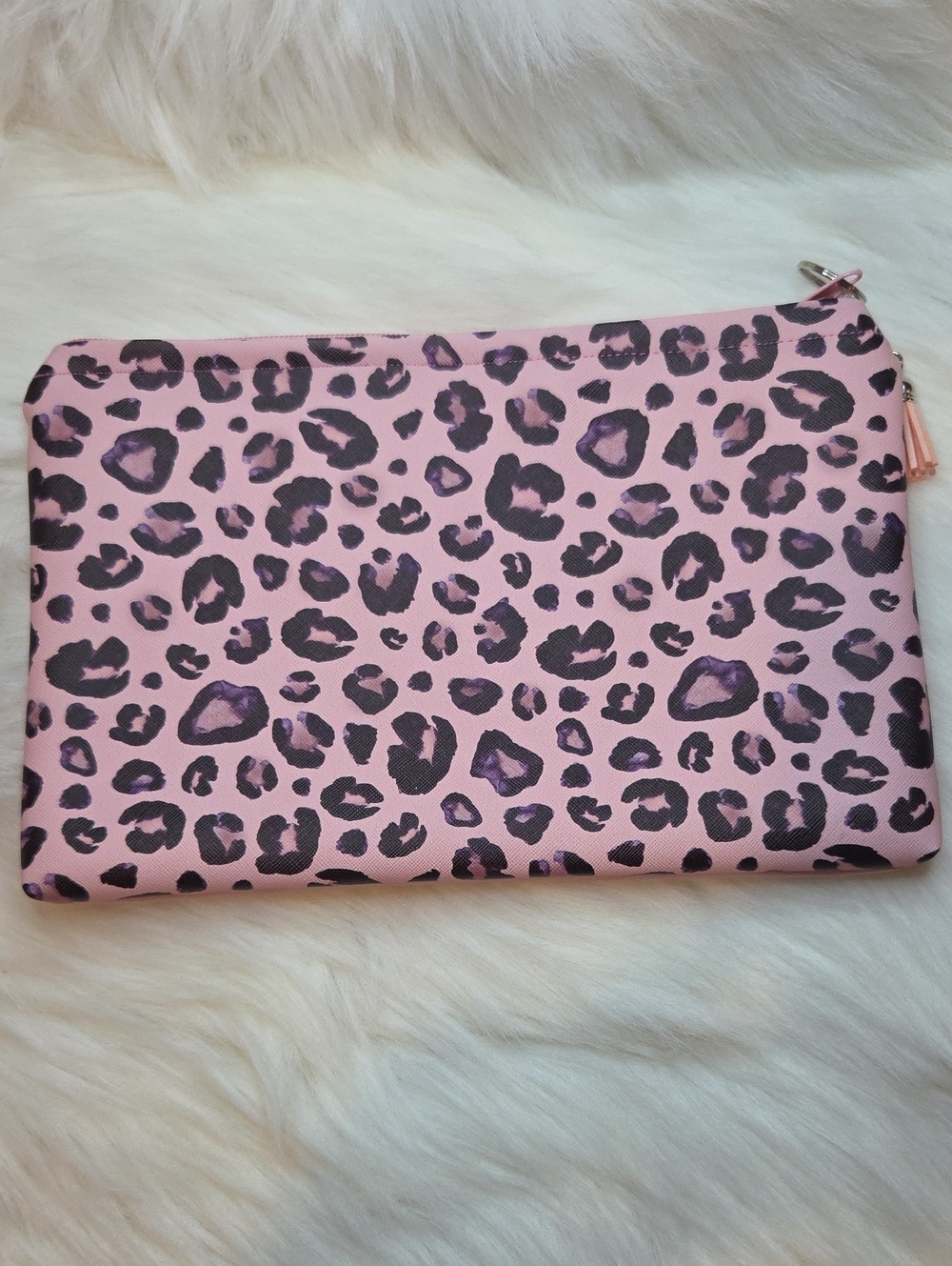 Pink Leopard Print Cosmetic Pouch with Zip. Handmade.